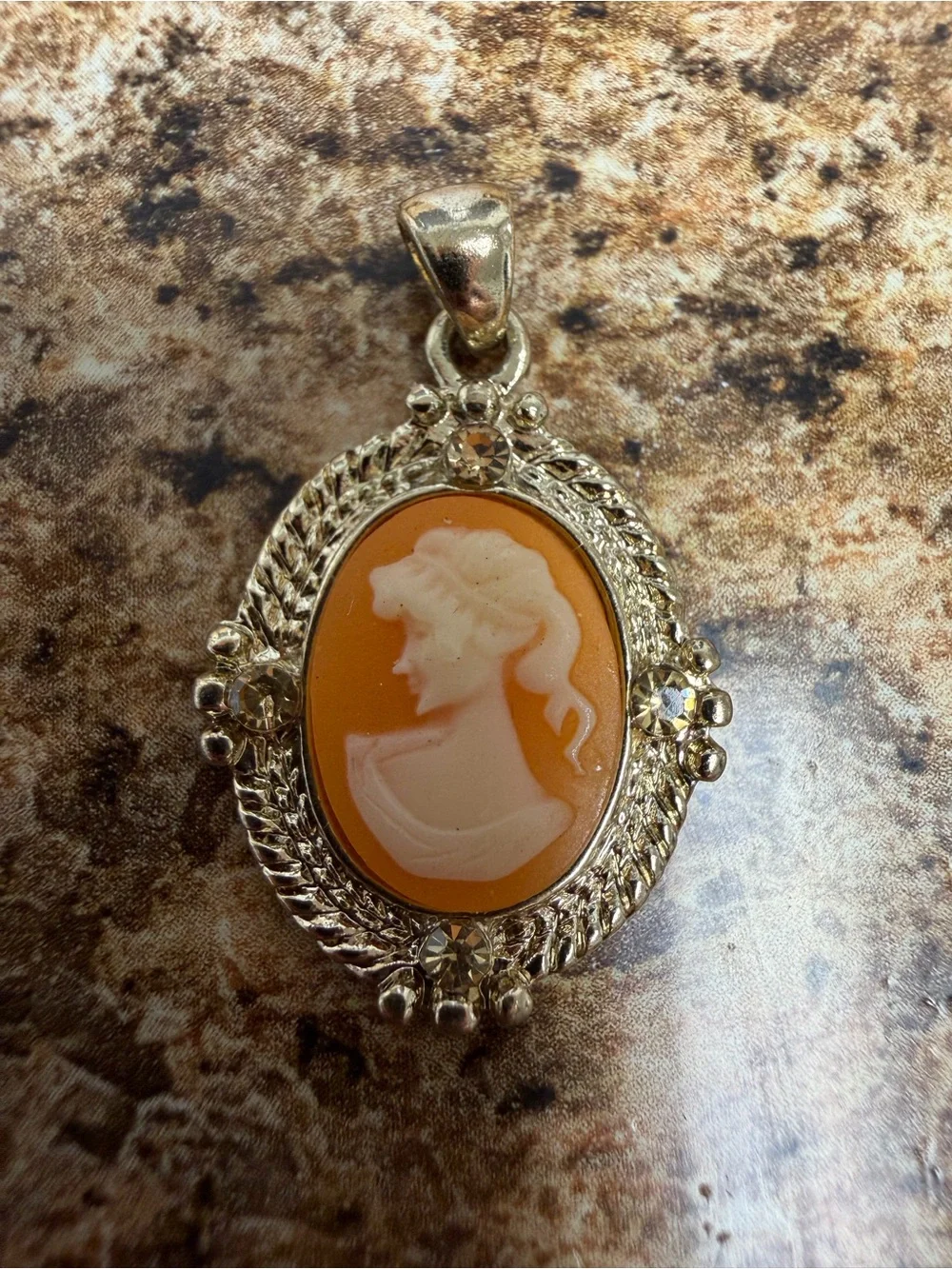 Vintage Cameo Pendant Lady Profile Rhinestone Silver Tone Filigree Costume